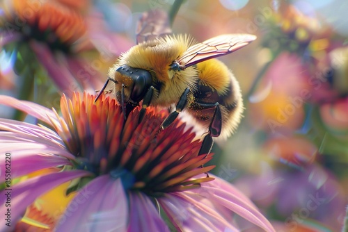 Bee pollinating colorful flowers. Macro shot with shallow dept of field. Ai generative