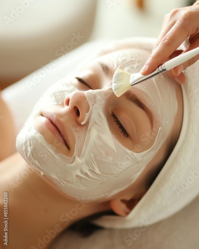 Woman receiving a relaxing facial treatment with a mask applied, promoting self-care and rejuvenation in a spa environment. photo