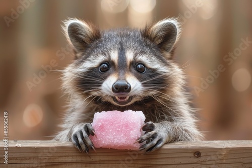 A playful raccoon holding a piece of pink cotton candy, sitting on a wooden fence. The raccoon looks excited and happy 