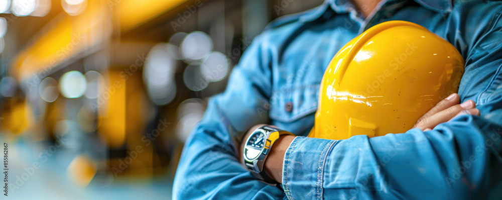 A man wearing a yellow hard hat and a blue shirt. He is wearing a watch on his left wrist A man wearing a yellow hard hat and a blue shirt. He is wearing a watch on his left wrist