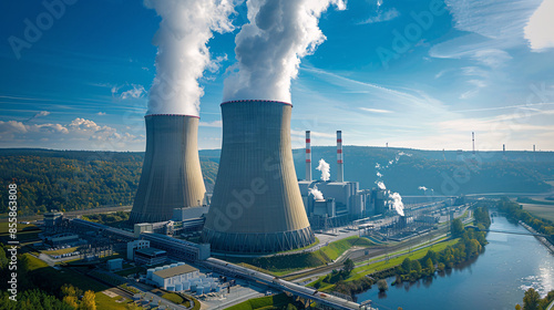 Wallpaper Mural Industrial Energy Generation - Panoramic View of Nuclear Power Plant with Cooling Towers Emitting Steam against Clear Blue Sky | Copy Space Torontodigital.ca