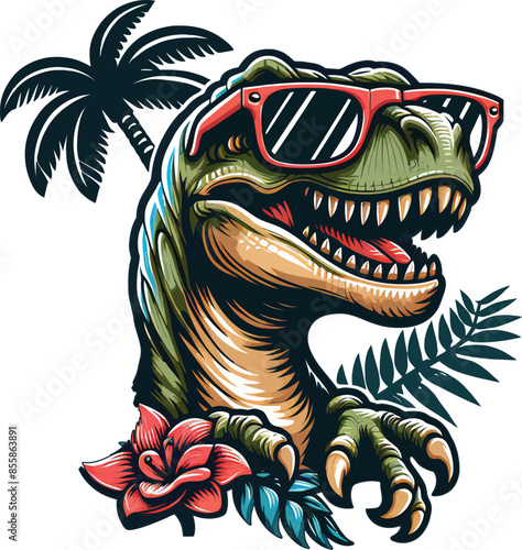 T-rex Dinosaur Wraring Sunglass Vector 
Illustration