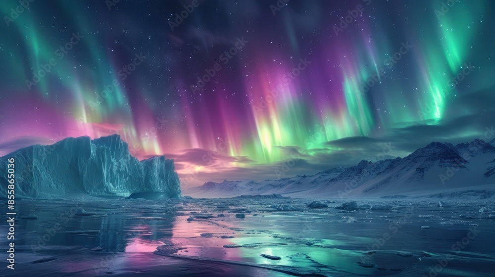 Panoramic view of an Arctic glacier under the northern lights, with vibrant green and purple streaks dancing across the night sky. The icy landscape glows with an otherworldly light, enhancing the Panoramic view of an Arctic glacier under the northern lights, with vibrant green and purple streaks dancing across the night sky. The icy landscape glows with an otherworldly light, enhancing the