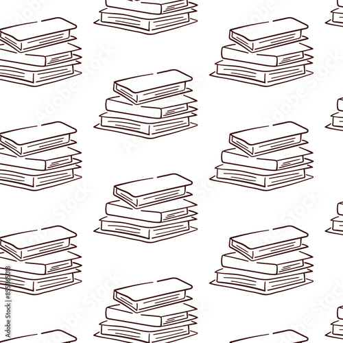 Stack of books line art style seamless pattern. Study, school symbol design. Vector illustration on a white background.