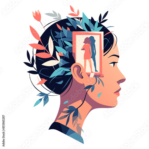 Self knowledge and development, profile head of woman with mirror inside. Reflection and self-examination, mirror represents act of looking inward to understand oneself. Vector illustration