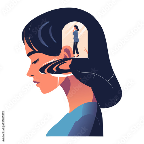 Self knowledge and development, profile head of woman with mirror inside. Reflection and self-examination, mirror represents act of looking inward to understand oneself. Vector illustration