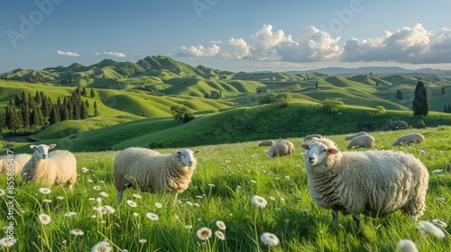 A serene pastoral landscape where fluffy white sheep graze peacefully in a lush green meadow under a clear blue sky. The gentle rolling hills and distant trees complete the idyllic countryside scene.