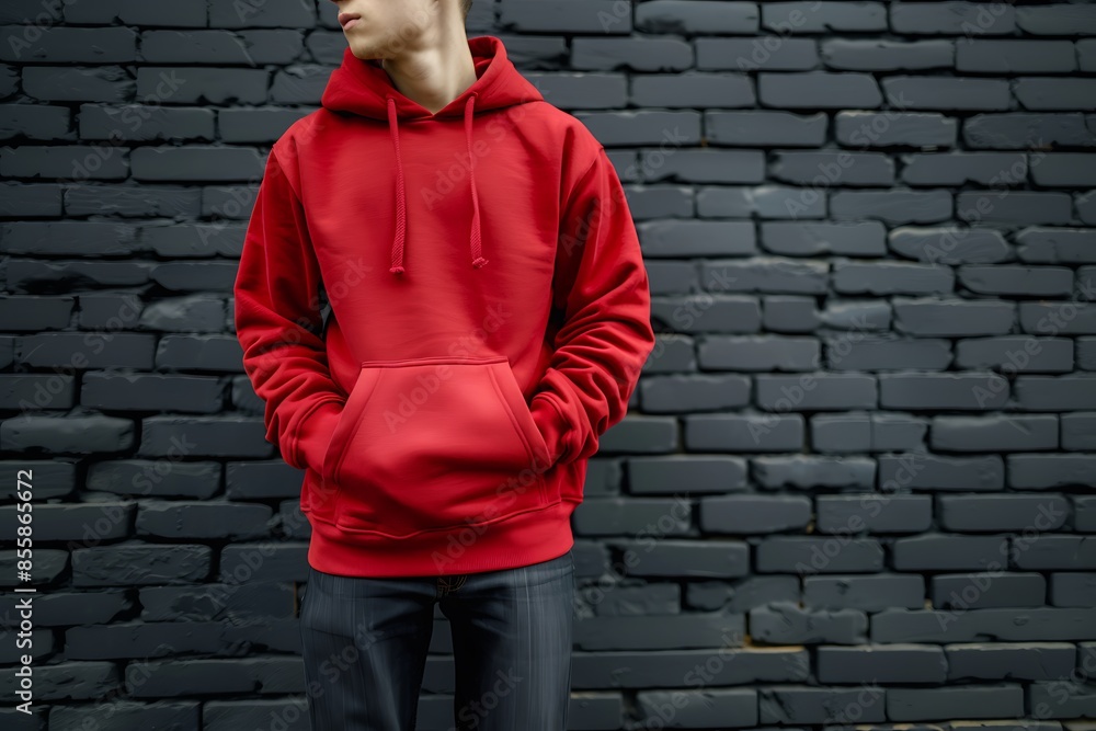 Close up young man wearing red dark hoodie for mock up on black glossy brick wall background image.