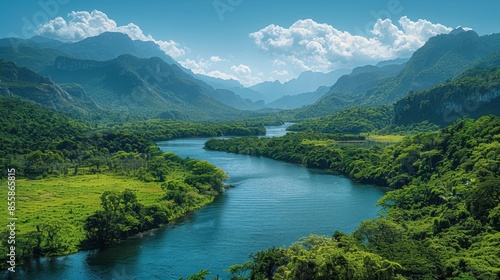 A serene green valley surrounded by lush forests and distant peaks, the gentle curve of a river reflecting the clear blue sky above. The tranquil ambiance and untouched beauty of the landscape © MakoPoko