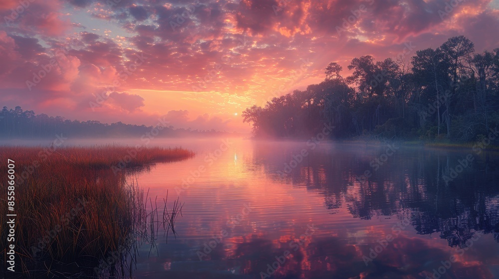 Sunrise painting the sky in hues of pink and gold over a mist-covered marsh, where tranquil waters reflect the pastel colors of dawn. The mystical ambiance of the foggy landscape invites Sunrise painting the sky in hues of pink and gold over a mist-covered marsh, where tranquil waters reflect the pastel colors of dawn. The mystical ambiance of the foggy landscape invites