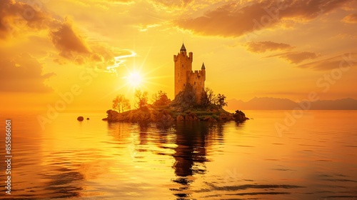 An enchanting castle on an island at sunset, bathed in warm, golden light, surrounded by calm waters.