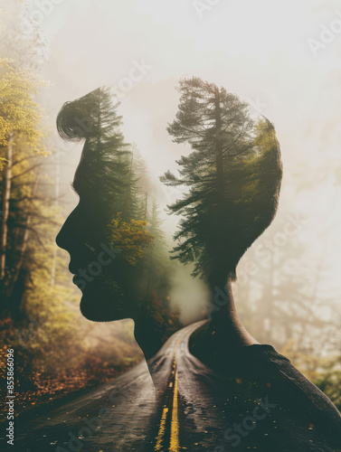 Double Exposure Portrait of Man Merging with Forest Path