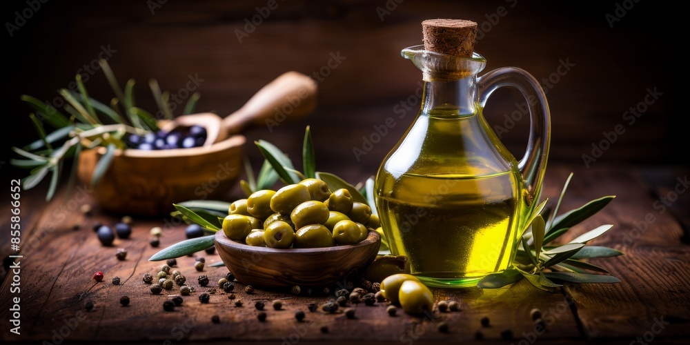 Olive oil bottle, green olives and a branch of olive tree on a wooden table, with copy space for text. Olive oil bottle, green olives and a branch of olive tree on a wooden table, with copy space for text.