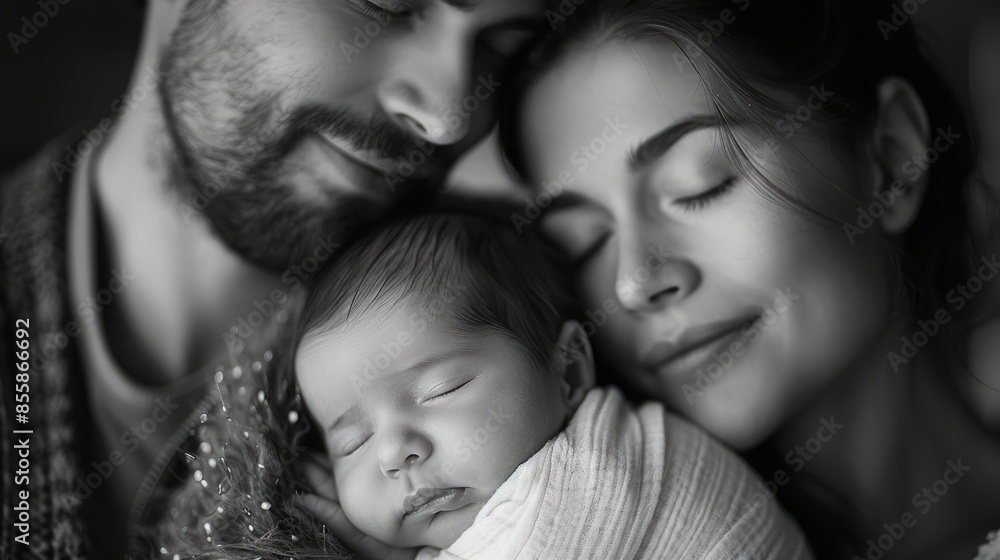 happy family , young parents holding a newborn baby in her arms , who is asleep and gently hugged him, black and white photo on a black background , a lot of affection and love happy family , young parents holding a newborn baby in her arms , who is asleep and gently hugged him, black and white photo on a black background , a lot of affection and love