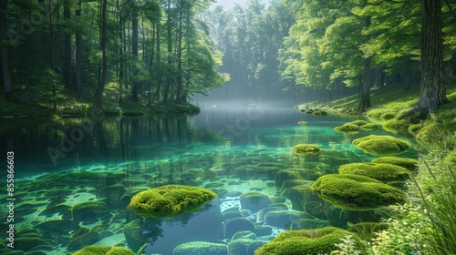 Tranquil woodland scenery with a transparent river meandering peacefully among moss-covered rocks and towering trees. The pristine waters mirror the greenery and blue sky, creating a harmonious blend