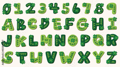 Clover leaf alphabet letters and numbers. Hand lettered St. Patrick's Day font. Hand drawn vector illustrations.