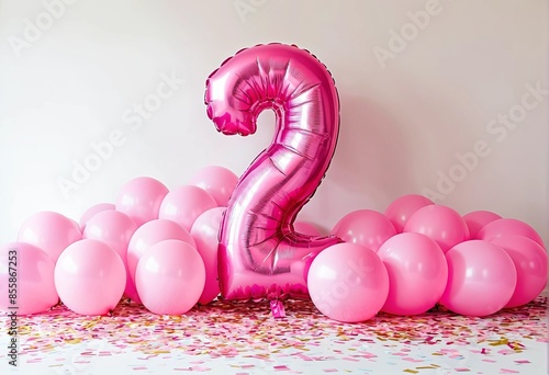 Pink-themed second birthday party decor with balloons, confetti, and a white backdrop.