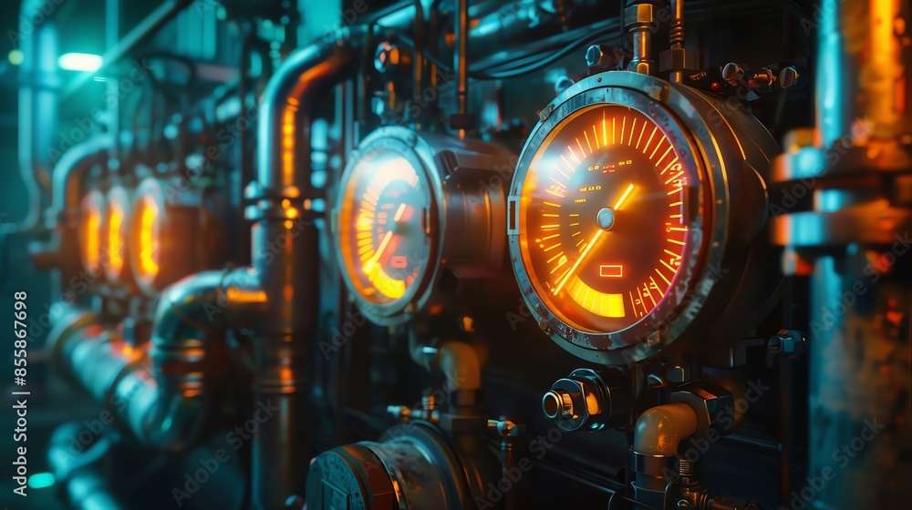 Industrial machine with pipes and gauges, neon lighting, futuristic Industrial machine with pipes and gauges, neon lighting, futuristic