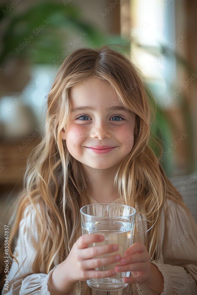 Smiling girl holding a glass of water, light background, refreshing Smiling girl holding a glass of water, light background, refreshing