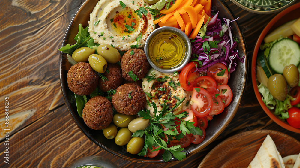 a colorful Mediterranean mezze platter with hummus, falafel, olives, pita bread, and fresh vegetables a colorful Mediterranean mezze platter with hummus, falafel, olives, pita bread, and fresh vegetables
