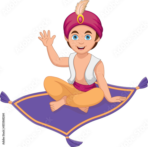 Cartoon aladdin travelling on flying carpet