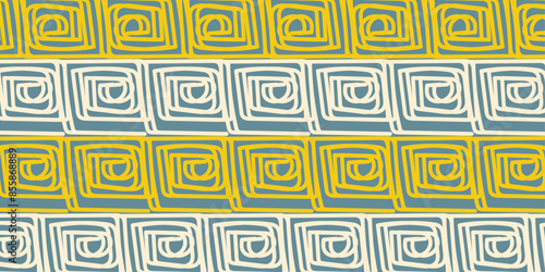 Abstract style geometric seamless summer blue, yellow, white pattern-background. Hand drawn multicolored horisontal vector illustration for cards, business, banners, wallpaper, textile, wrapping	