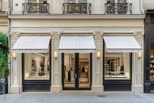 Fototapeta Naklejka Na Ścianę i Meble -  Elegant parisian storefront with awnings extended on sunny day