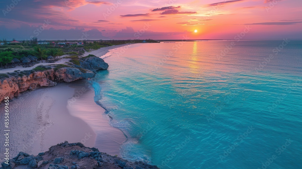 Obraz premium Tranquil beach with turquoise waters and a vibrant sunset