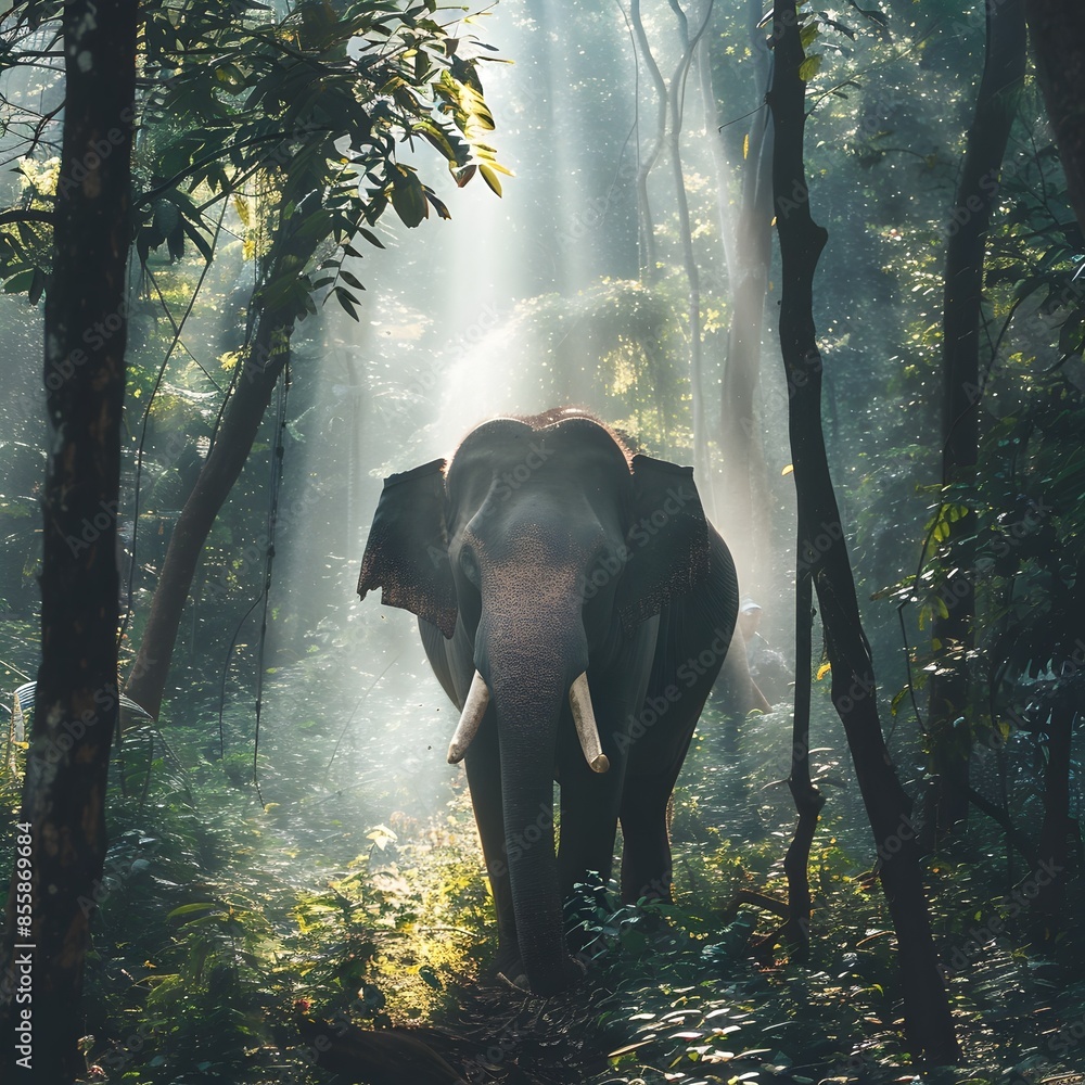 Fototapeta premium Majestic Elephant Trekking Through Sunlit Jungle Landscape