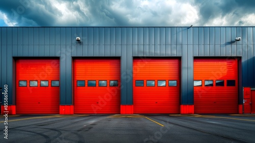 Innovative logistics warehouse complex with orange roller doors, wide angle view. An excellent solution for storing, sorting and transporting products.