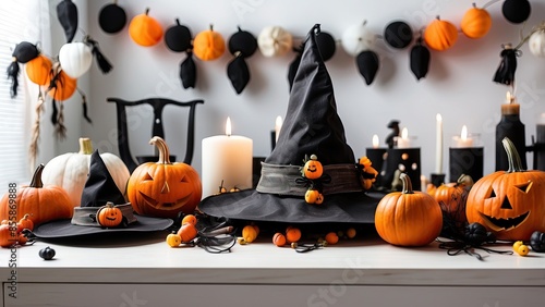 Halloween banner design with witch hat, pumpkins, halloween decorations on white table. Halloween home interior design. bat, composition, desk, halloween, hat, horror, living, minimal, mood, october,  photo