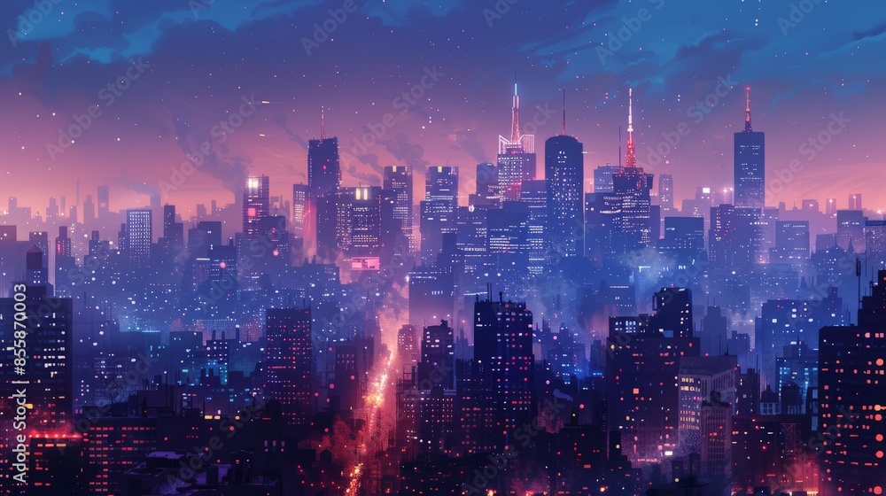 Obraz premium Digital Art Cityscape at Twilight with Neon Lights