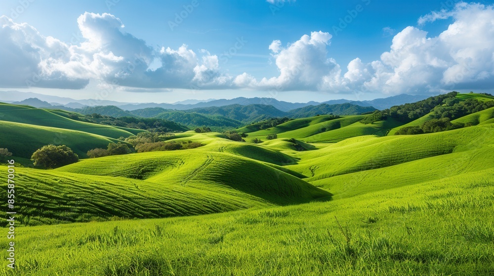 Obraz premium Rolling hills with lush green grass and a bright blue sky