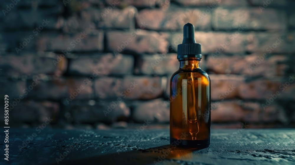 Bottle essential oil for beard men on background dark brick. Concept banner spa barbershop cosmetics for man. wide angle lens Bottle essential oil for beard men on background dark brick. Concept banner spa barbershop cosmetics for man. wide angle lens