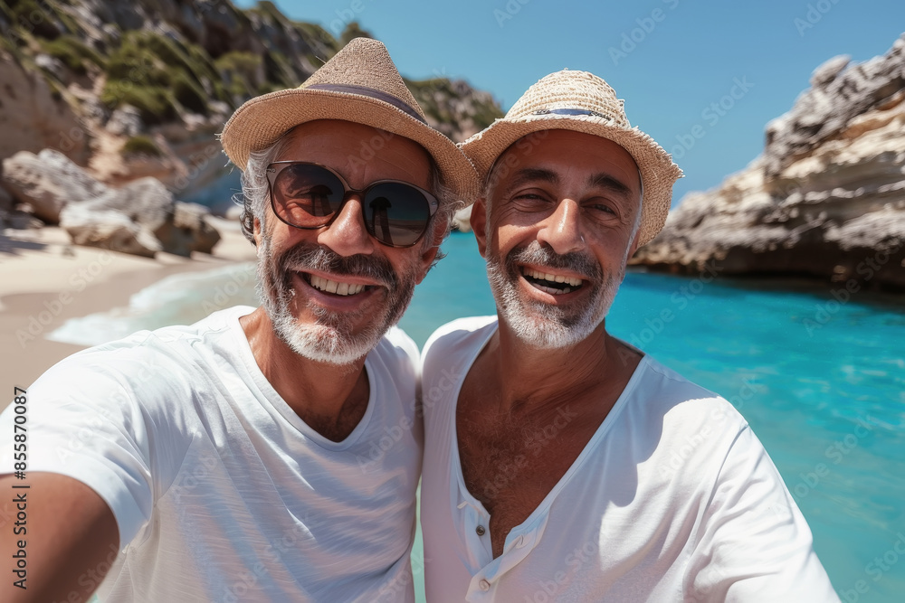 Pareja de hombres homosexuales con gafas de sol, mediana edad, con barba, sombreros claros de rafia y camisetas blancas, abrazados y felices haciéndose un selfie en la playa en verano concepto lgtbi Pareja de hombres homosexuales con gafas de sol, mediana edad, con barba, sombreros claros de rafia y camisetas blancas, abrazados y felices haciéndose un selfie en la playa en verano concepto lgtbi