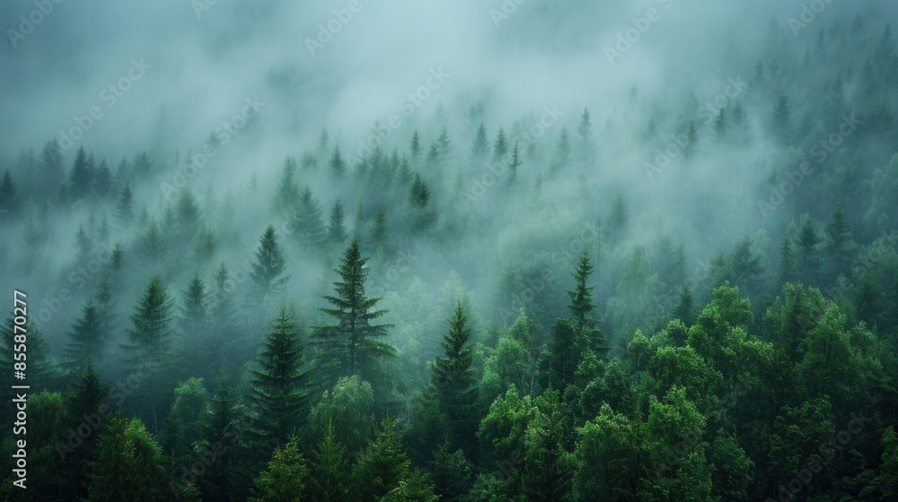 Dense fog in a pine forest creating a mystical atmosphere Dense fog in a pine forest creating a mystical atmosphere