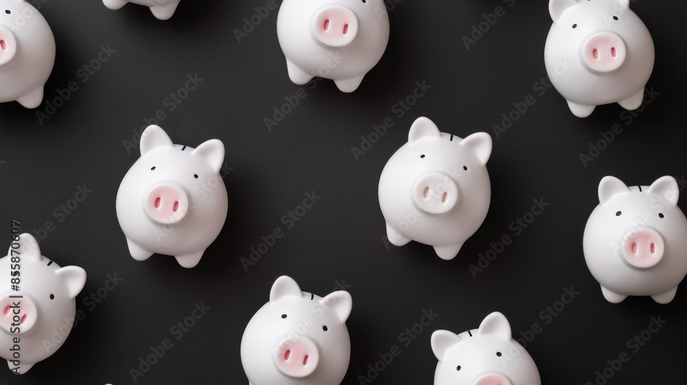collection of white piggy banks on a black background.  Income, Interest, and Inflation, Retirement, Debt Management