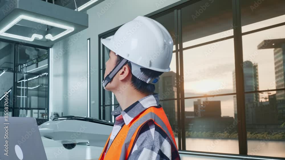custom made wallpaper toronto digitalClose Up Side View Of Asian Male Engineer With Safety Helmet Working On A Laptop And Looking Around While Standing With Drone Project