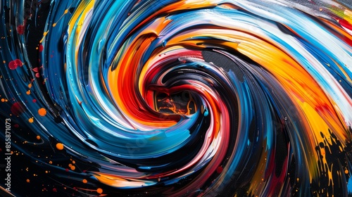 A vivid and dynamic swirl of colorful paint on a black background, resembling a mesmerizing color vortex, captured in high-definition detail photo