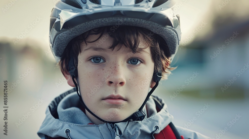 A portrait of a child wearing a bike helmet.