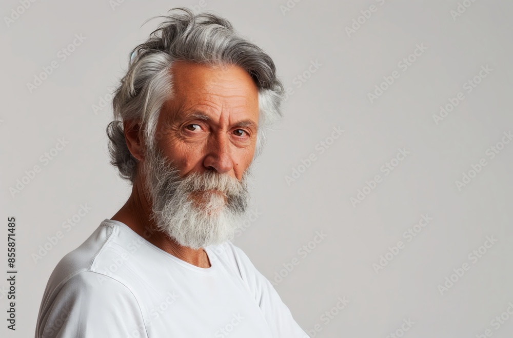 Side view portrait of an old man with gray hair and beard wearing a white t-shirt looking at the camera against an isolated background, in the style of copy space concept Side view portrait of an old man with gray hair and beard wearing a white t-shirt looking at the camera against an isolated background, in the style of copy space concept