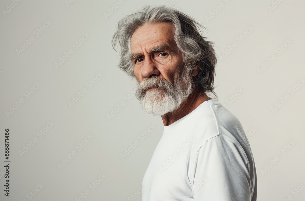 Side view portrait of an old man with gray hair and beard wearing a white t-shirt looking at the camera against an isolated background, in the style of copy space concept Side view portrait of an old man with gray hair and beard wearing a white t-shirt looking at the camera against an isolated background, in the style of copy space concept