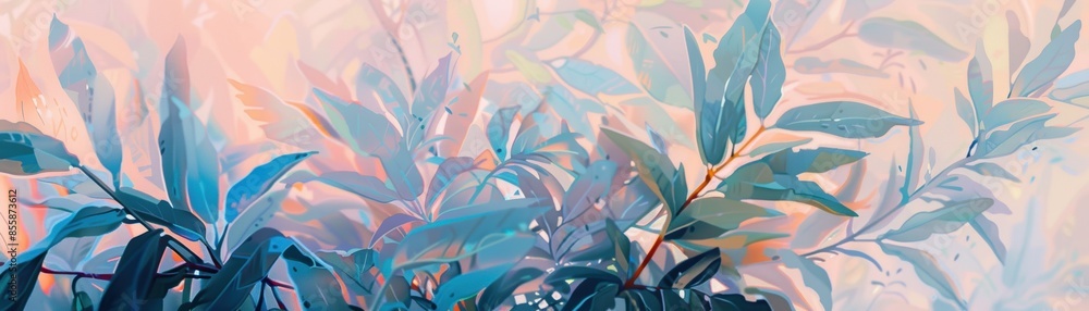 Abstract painting with vibrant blue and green leaves against a soft pastel background, creating a serene and dreamy atmosphere. Abstract painting with vibrant blue and green leaves against a soft pastel background, creating a serene and dreamy atmosphere.