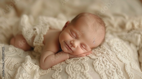 Little Newborn Sleeping over His White Bed 