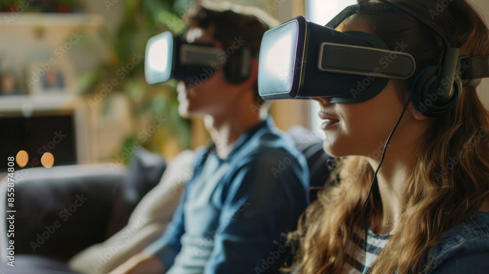 Young couple experiencing virtual reality with VR headsets and headphones, sitting in a cozy home environment with soft lighting and blurred background Young couple experiencing virtual reality with VR headsets and headphones, sitting in a cozy home environment with soft lighting and blurred background