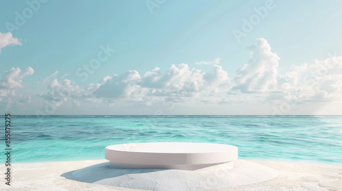 3D summer beach podium with sand, serving as a display platform against a sea background