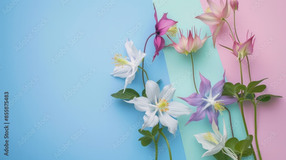 Colorful flower arrangement on pastel backgrounds showcasing various delicate blooms, perfect for spring and summer themes with copy space. Colorful flower arrangement on pastel backgrounds showcasing various delicate blooms, perfect for spring and summer themes with copy space.