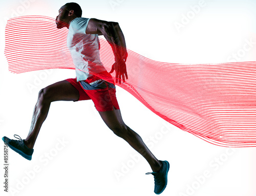 Focused athlete, young African-American man, runner, preparing for marathon, training isolated on transparent background. Concept of sport, action and motion, marathon, competition photo