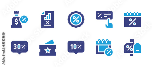 Discounts icon set. Duotone color. Vector illustration. Containing discount, voucher, percent, profit, calendar, moneybag, mailbox.