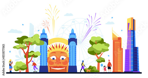 Evening at Luna park - modern colored vector illustration with gate and entrance to an amusement spot in Australia. Discover rides, attractions, see the fireworks and ride the Ferris wheel, have fun